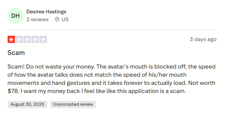 A Heygen user saying that the lip sync technology was not working properly and the tool was not worth their money