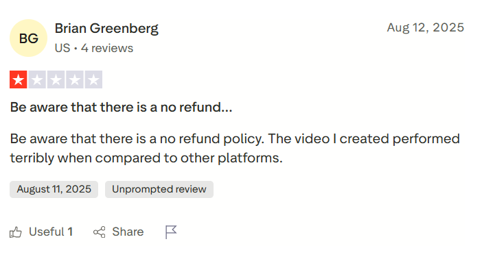 A creatify user mentioning that the video produced with this platform worked poorly when compared to other competitor tools