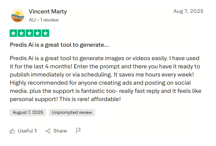 A user praises Predis AI that the tool is very good and saves them lot of time per week and they will recommend the tool.