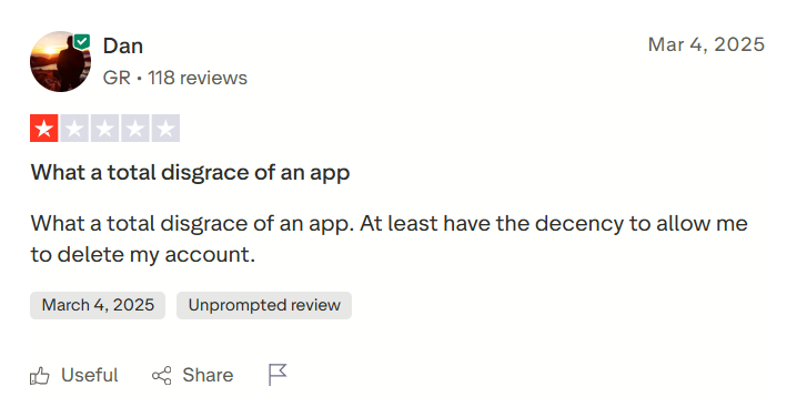 A user of Topview mentioning that the app does not even allow them to delete the account