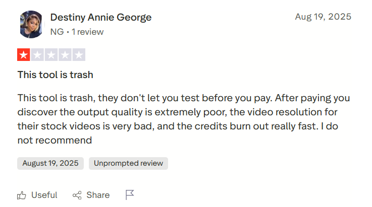 One Invideo user mentioning that the tool does not offer a proper free trial and the output quality is poor
