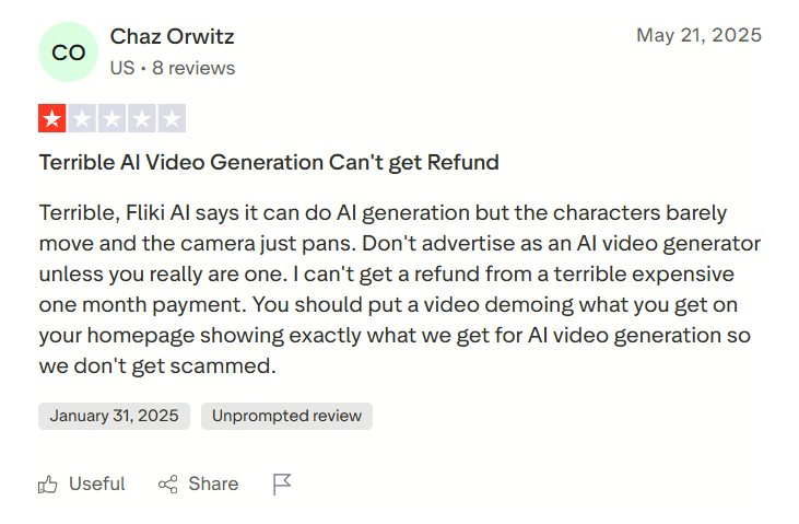 A user complaining that the AI video generator is terribly expensive and the character does not move at all 
