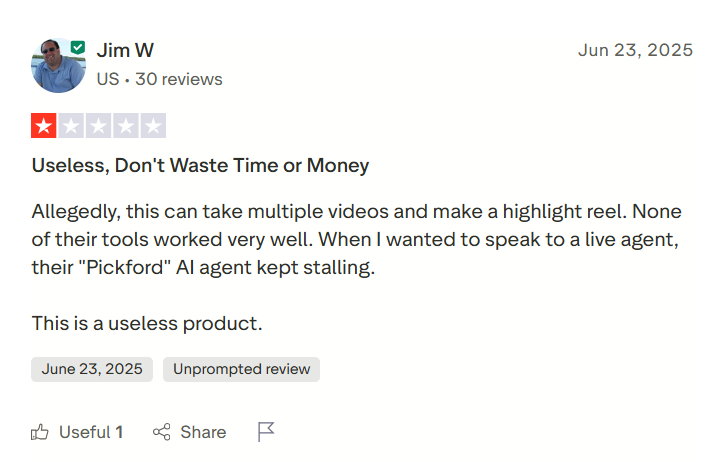 Pictory user saying that the tool does not work well and it is a useless product