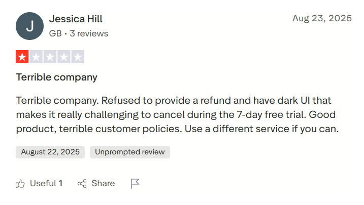 Podcastle user mentioning that the company did not offer them a refund and is making it hard to cancel the free trial.