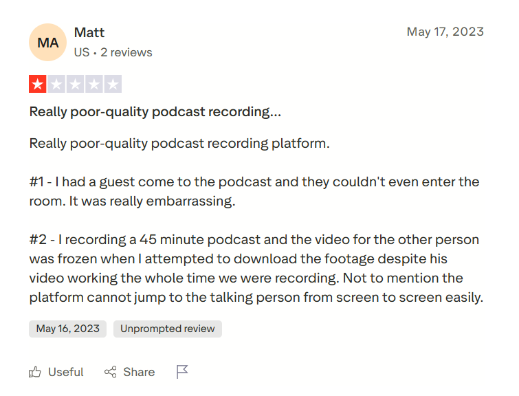 A zencastr reviewer mentioning that they had trouble bringing the guest onto the podcast and the tool did not perform as expected