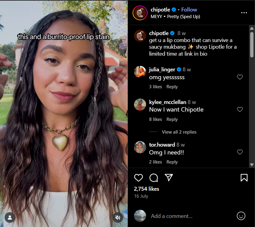 Chipotle's UGC content where they are introducing burrito-proof lip stain exhibiting problem solving