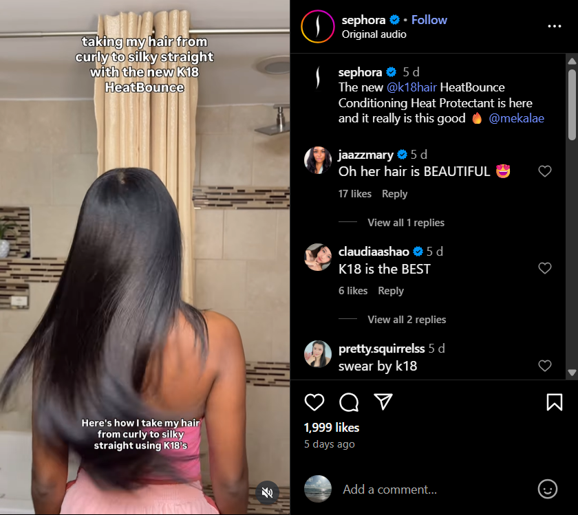 Sephora's UGC tutorial on how to use K18 HeatBounce to make the hair silky straight