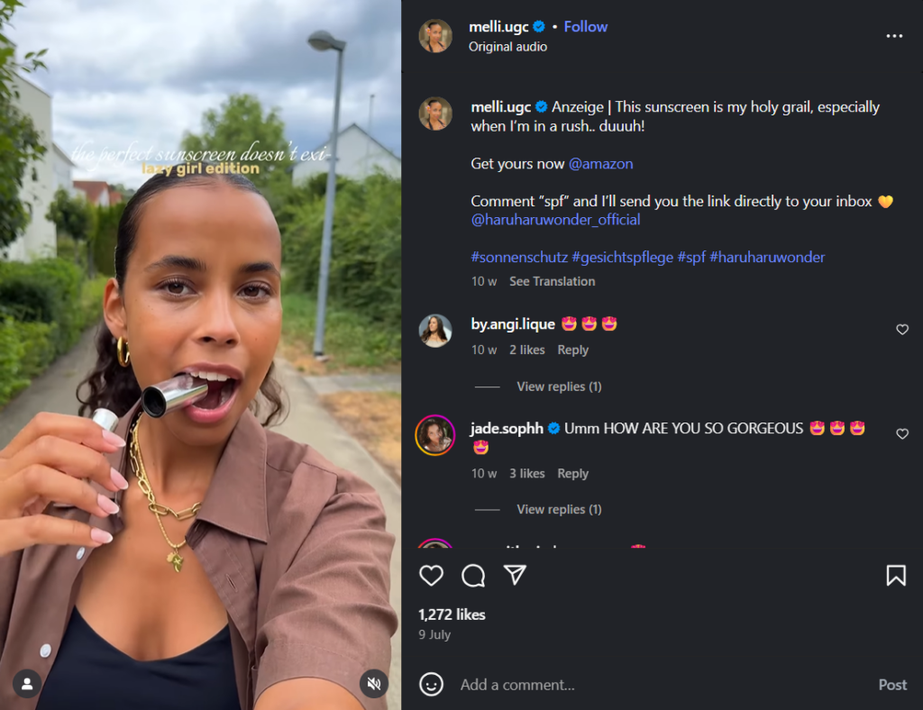 A UGC creator's video on using sunscreen on the go, followed by a CTA that is captivating