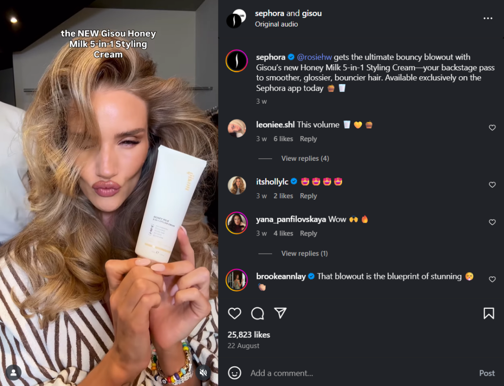 Sephora promoting Gisou's product in their profile by describing the benefits of using the product