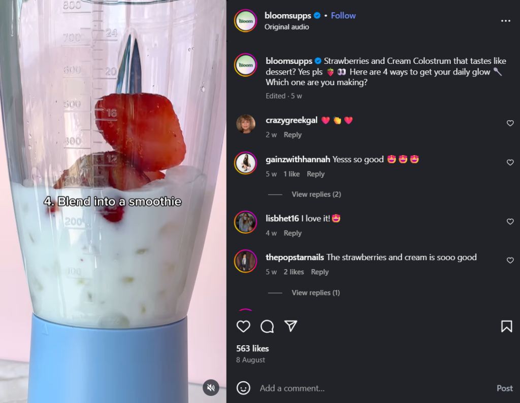 Bloom's tutorial on using their colostrum powder in four different ways