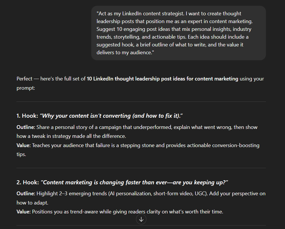 ChatGPT's response when prompted to provide linkedIn post ideas