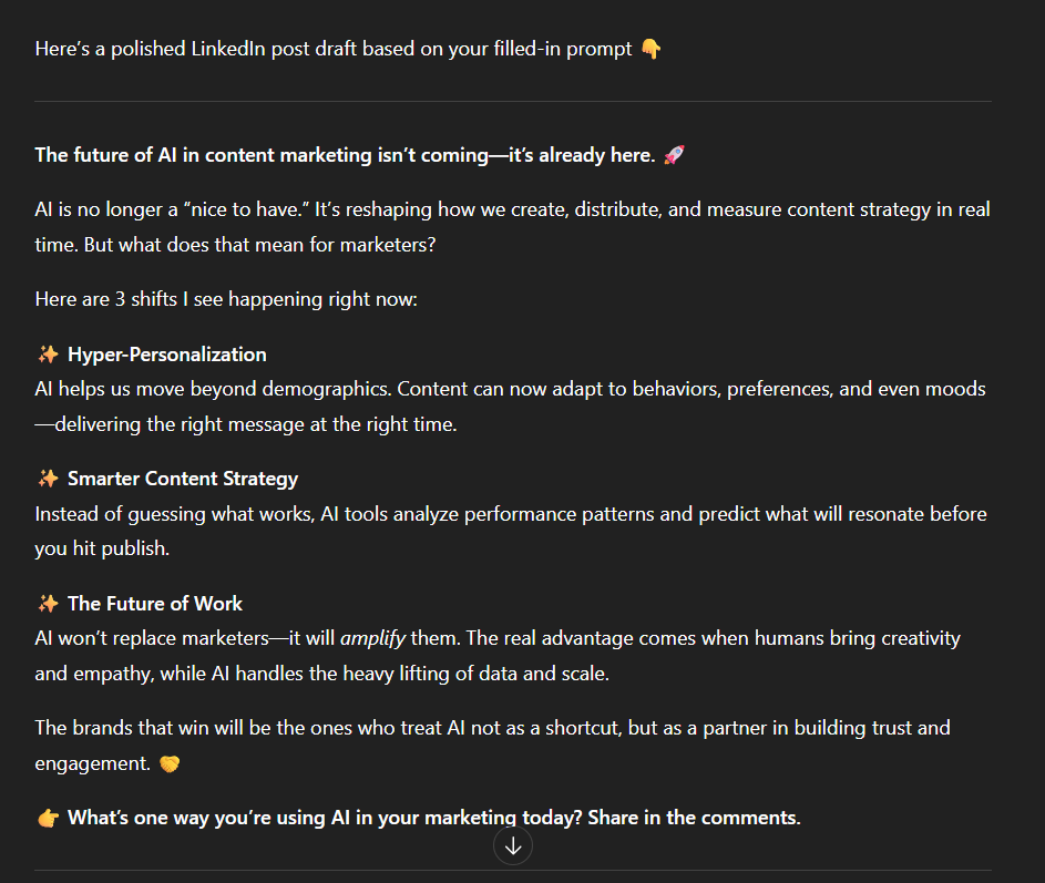 When ChatGPT was asked to make a LinkedIn post based on the prompt that was provided above, this was the result.