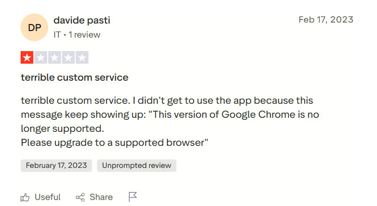The Google chrome version was not supported for a user and they were asked to switch browser