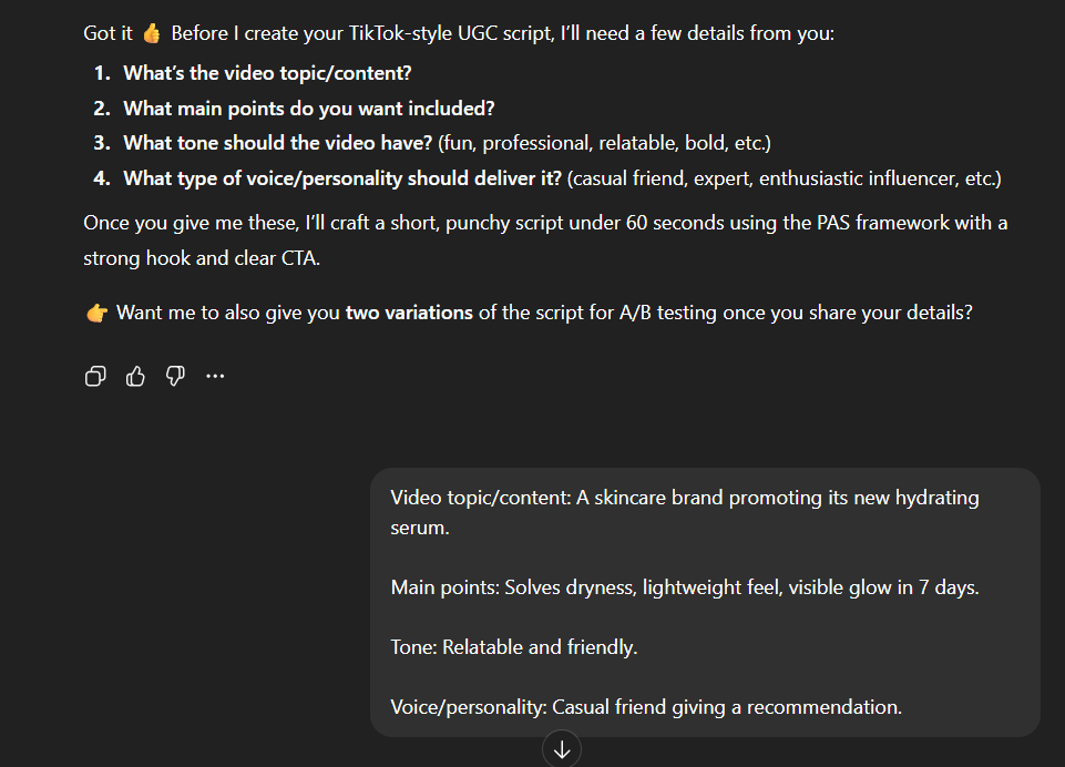Inputting details regarding the UGC video to get a script for making a UGC style video