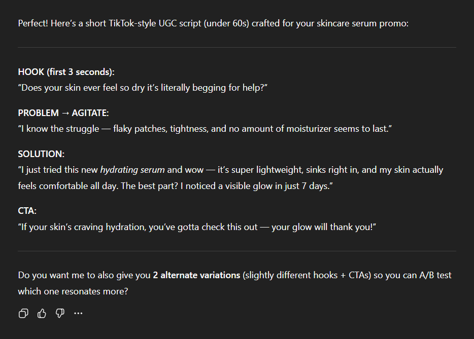 A sample script generated by ChatGPT to create UGC style video with an AI content generator
