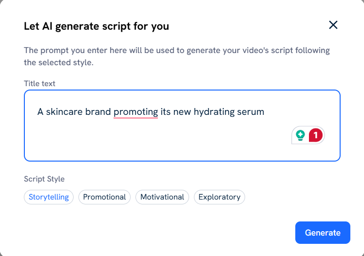Getting Predis AI to generate the script for you with a title prompt and script style