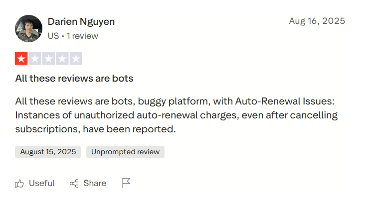 Creatify reviewer mentioned that unauthorized auto-renewals are a big issue with Creatify