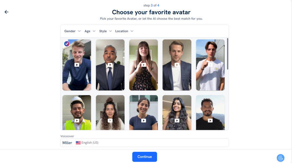Picking an avatar and voice from the Predis AI library