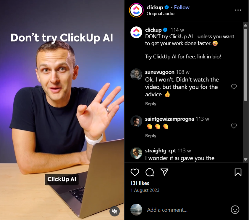 Clickup AI's UGC video example