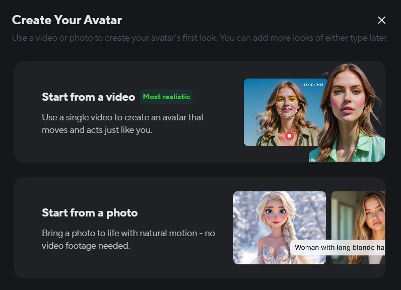Options to create an avatar with Heygen