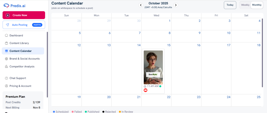 Predis.ai's content calendar