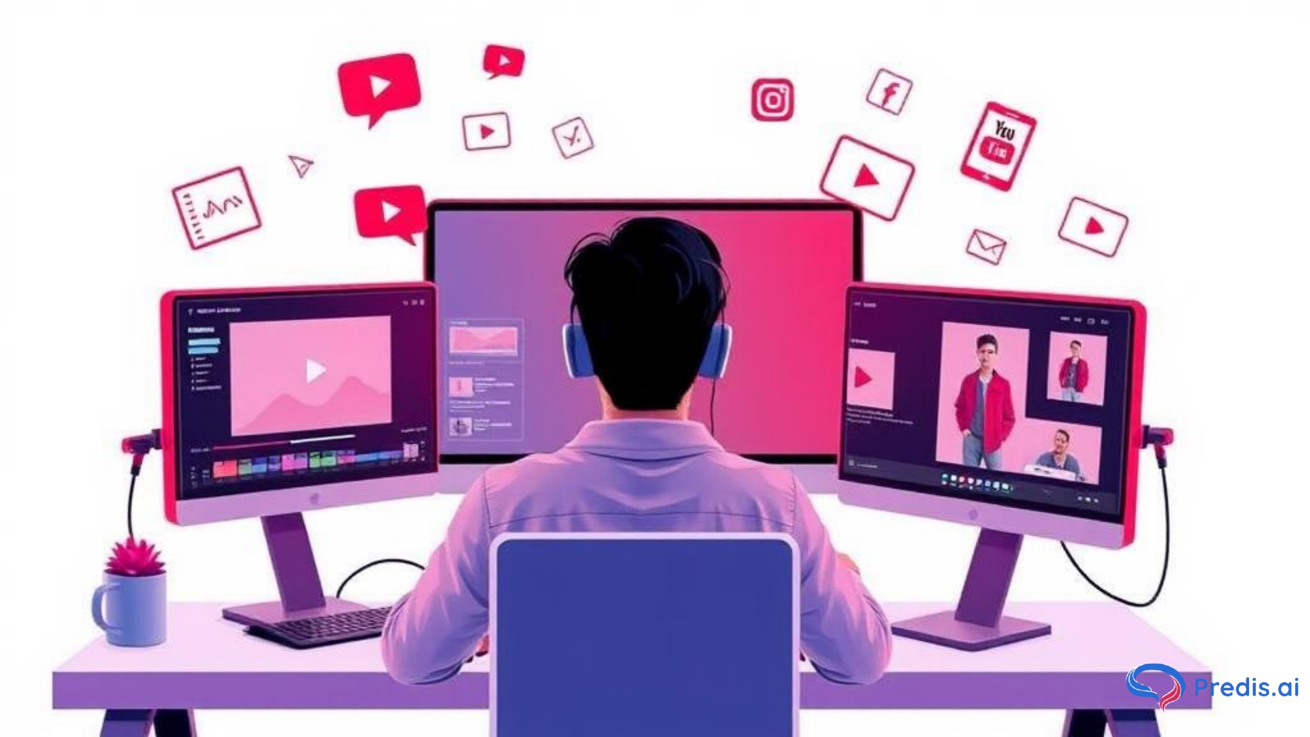 A modern digital illustration of a YouTube creator working on multiple screens with AI assistance, surrounded by icons for video editing, analytics, and social media, with a subtle YouTube play button in the background.