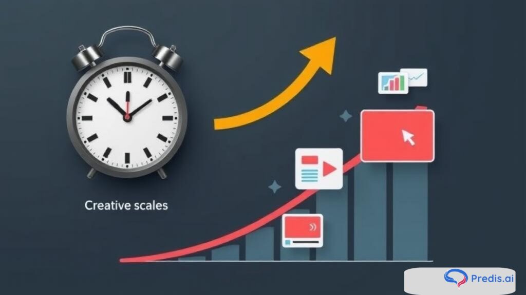 Infographic showing a clock, upward arrow, and ad assets symbolizing faster creative production and campaign scaling.