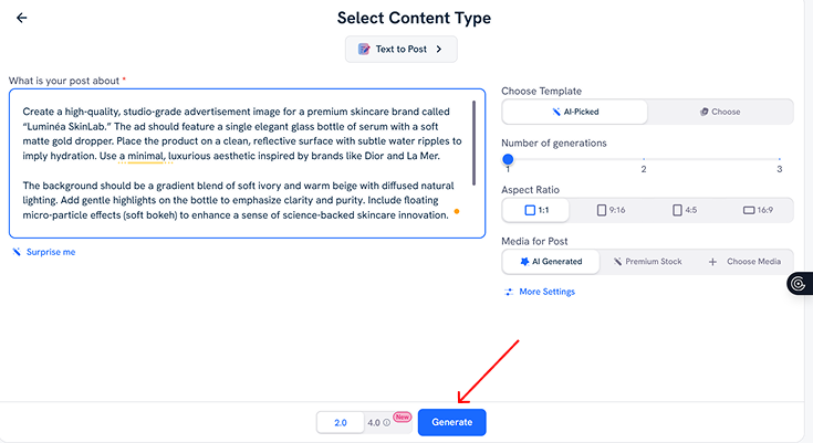 Predis AI text input view to make social media content with AI