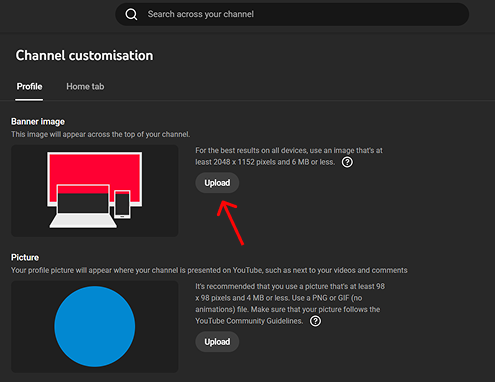 Uploading banner image in YouTube