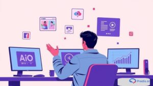 A digital illustration of a creator working at a desk surrounded by floating screens showing AI-generated ads, videos, and analytics, representing AI tools for creating digital ad creatives.