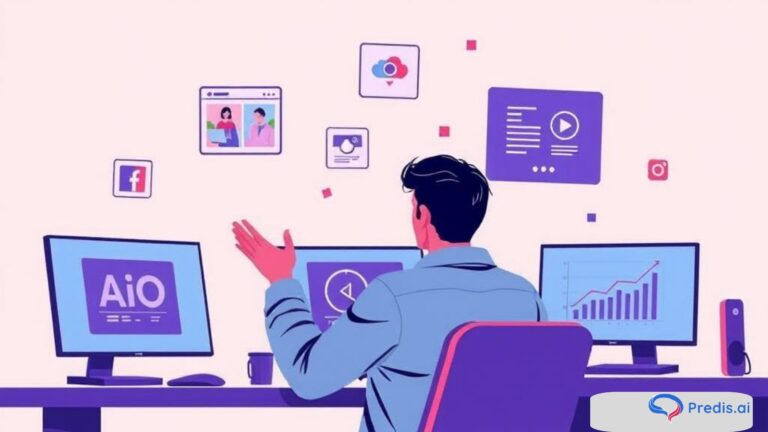 A digital illustration of a creator working at a desk surrounded by floating screens showing AI-generated ads, videos, and analytics, representing AI tools for creating digital ad creatives.