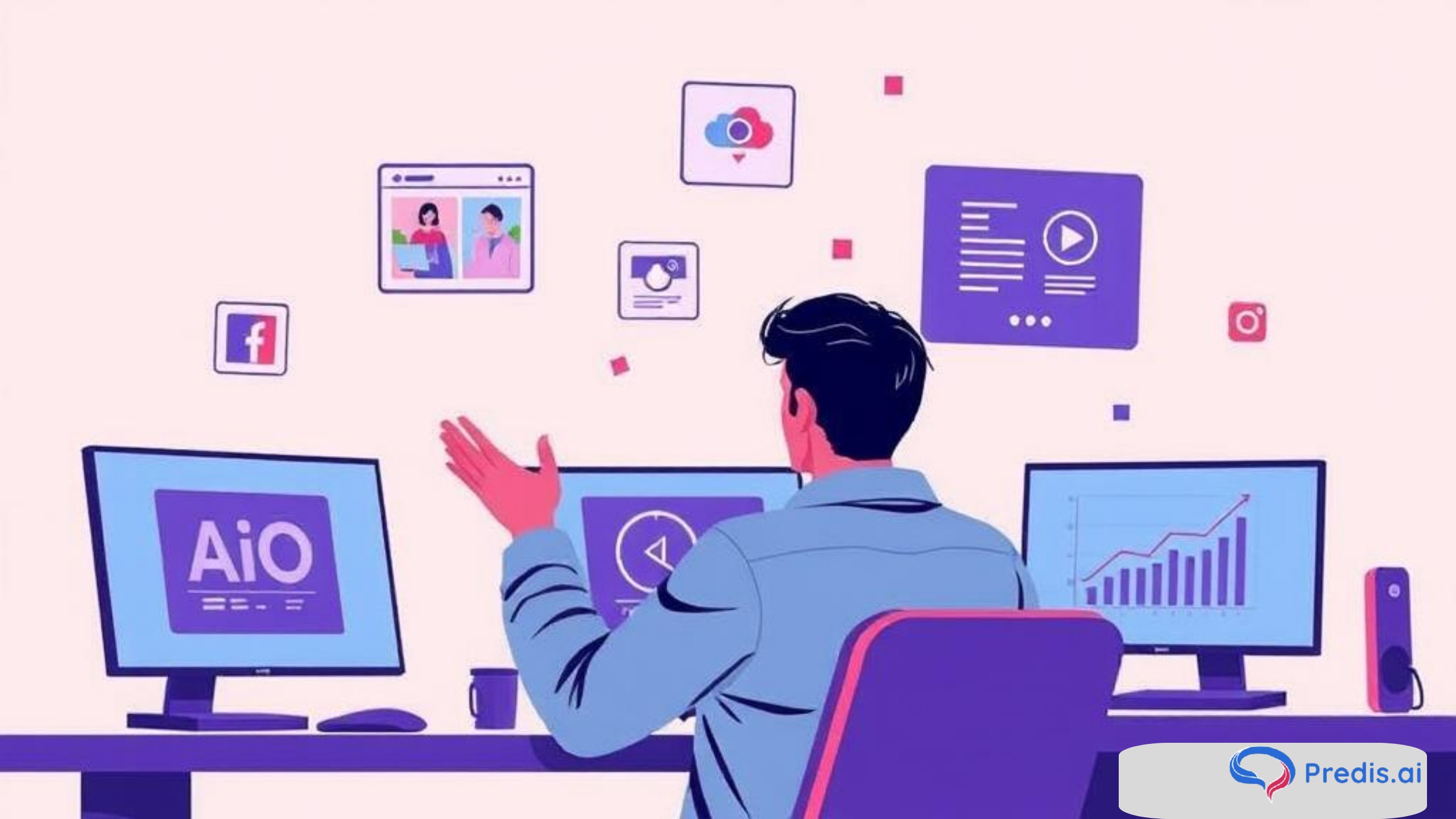 A digital illustration of a creator working at a desk surrounded by floating screens showing AI-generated ads, videos, and analytics, representing AI tools for creating digital ad creatives.