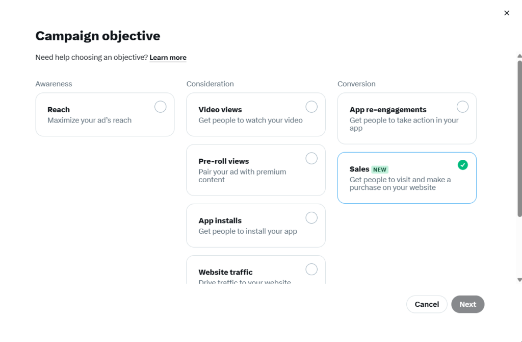 Ad objective selection in X / Twitter