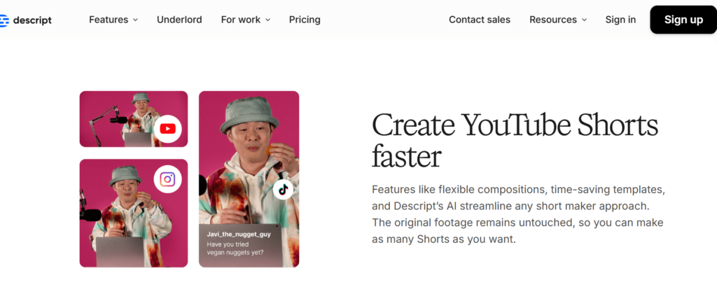 Descript creating YouTube Shorts.