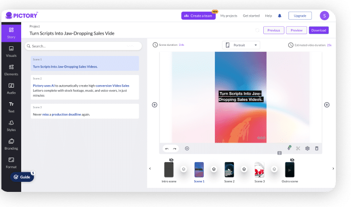 Pictory showcasing the dashboard to create youtube shorts