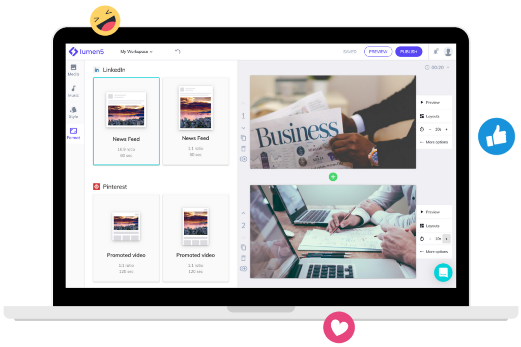 Lumen5 showing it's dashboard to create YouTube Shorts