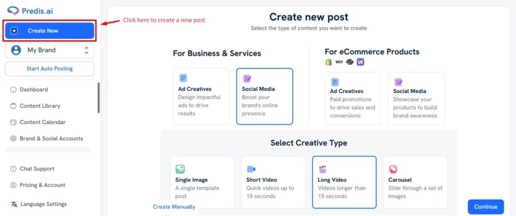 Predis.ai showing YouTube Shorts Creation & Auto Posting