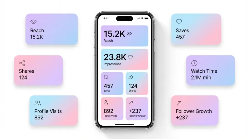 Infographic showing Instagram Insights metrics like reach, saves, shares, profile visits, and follower growth.