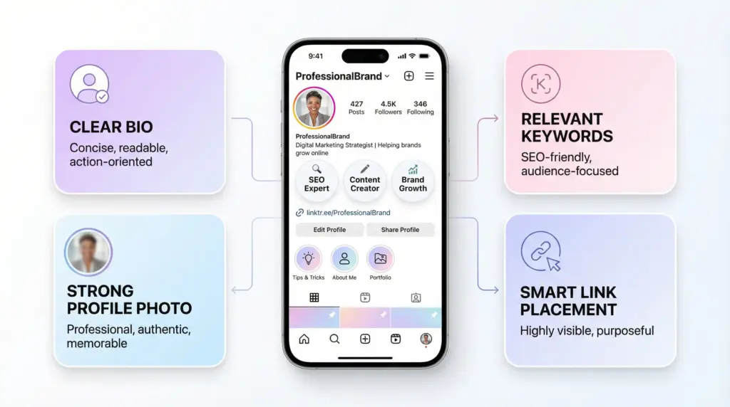 Example of an optimized Instagram profile layout showing a clear bio, profile photo, highlights, and link in bio designed to help grow your audience.