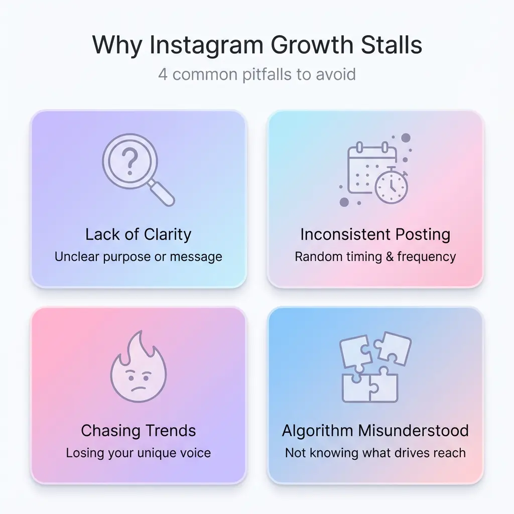 common reasons people struggle to grow on Instagram such as inconsistency, unclear strategy, and algorithm misunderstanding.