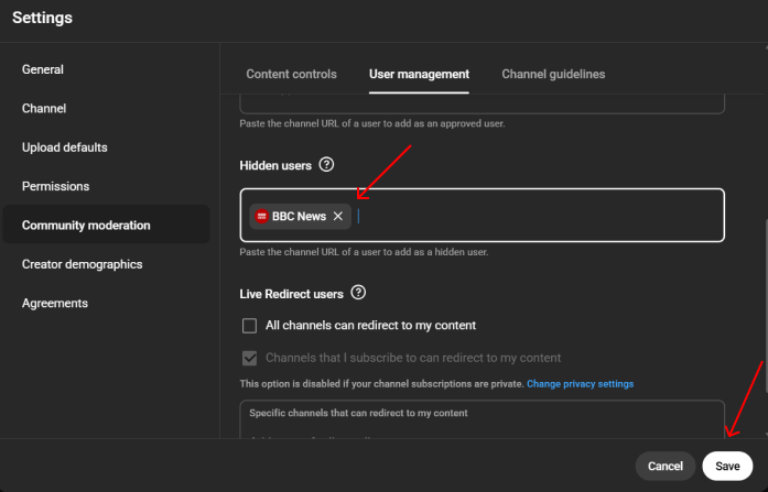 Using hidden users to filter specific channels from your feed