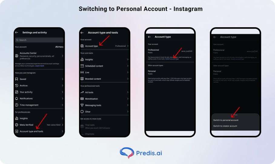 Step by step process of switching to a personal account in Instagram
