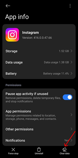 Clearing Instagram cache through settings