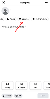 Choosing the location option on Facebook post