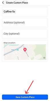 Completing the process of making a custom place called Caffeine Fix in Facebook