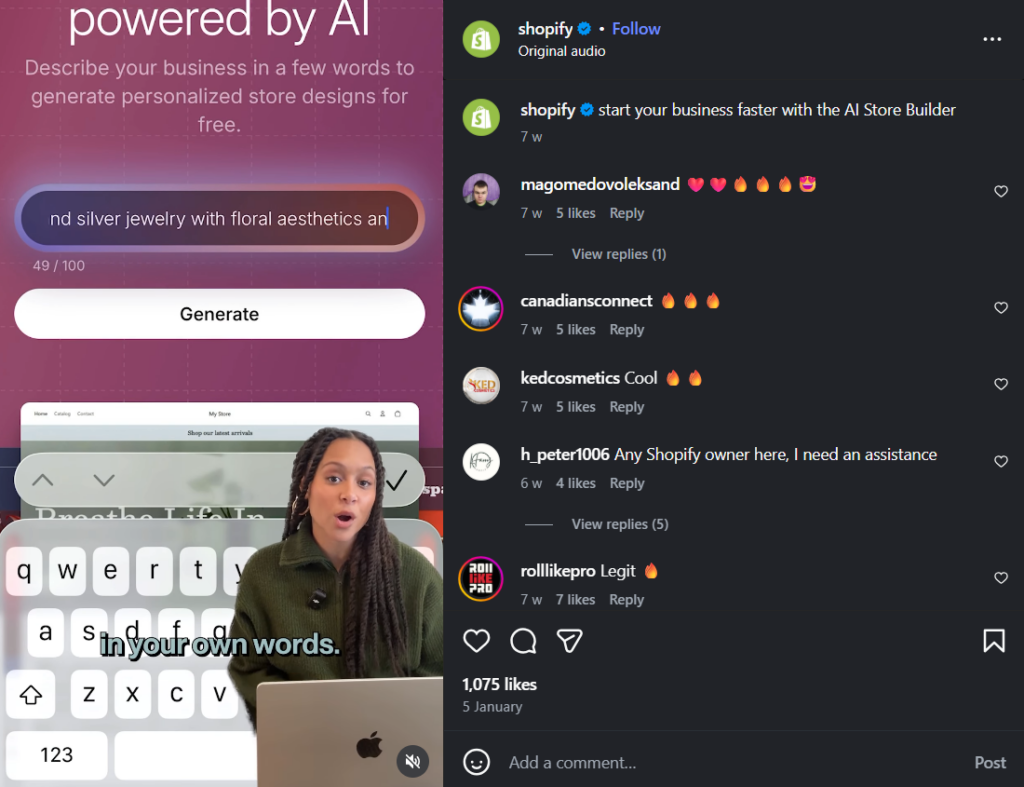 Shopify's UGC content to promote their AI store builder