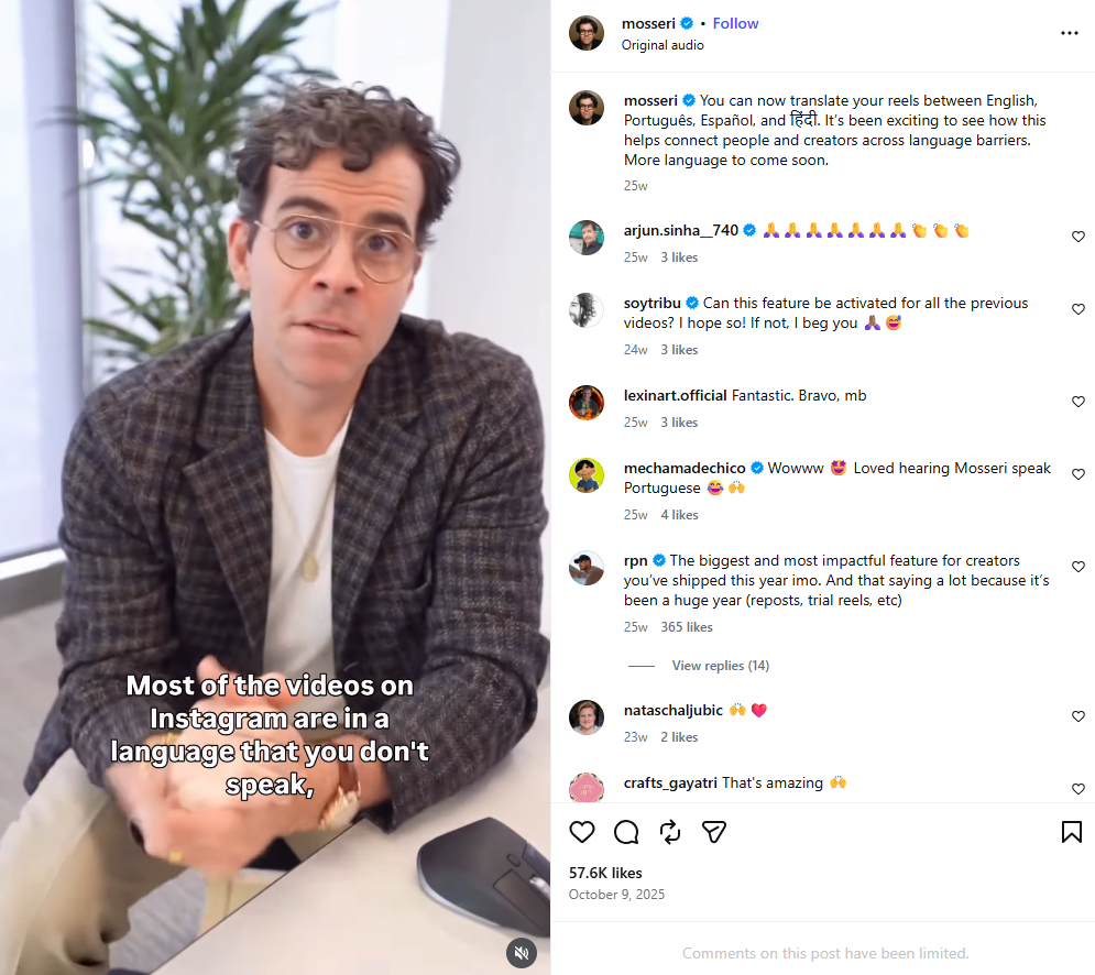 AI translation feature in Instagram introduced by Adam Mosseri