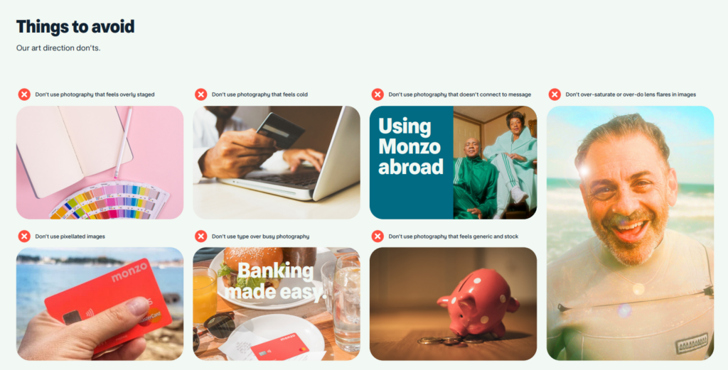 Things to avoid page in Monzo press kit
