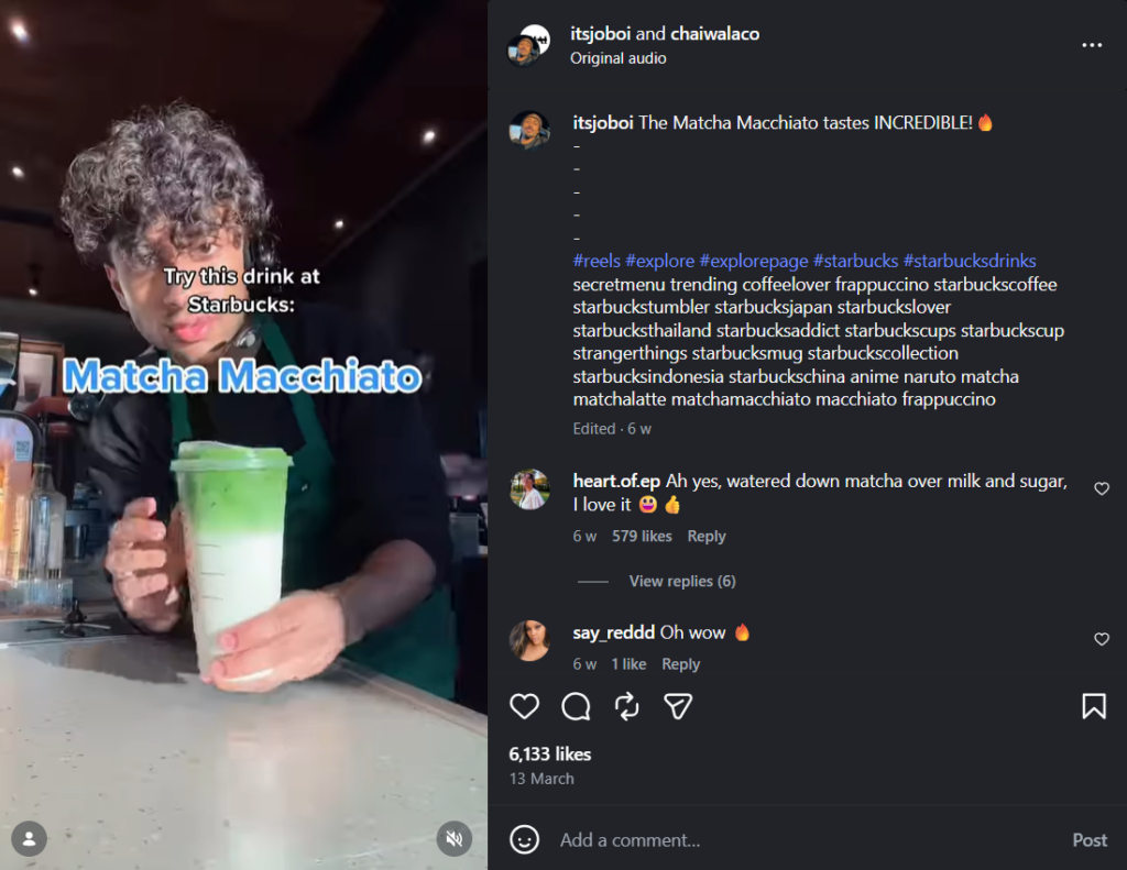 A creator posts a series of content about starbucks drinks