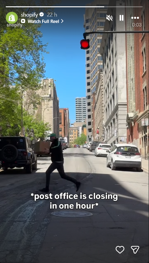 Umbuchung a reel Beispiel einer Instagram-Story von Shopify